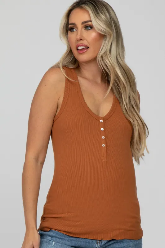 Rust Ribbed Button Front Maternity Tank Top sold by Pinkblush