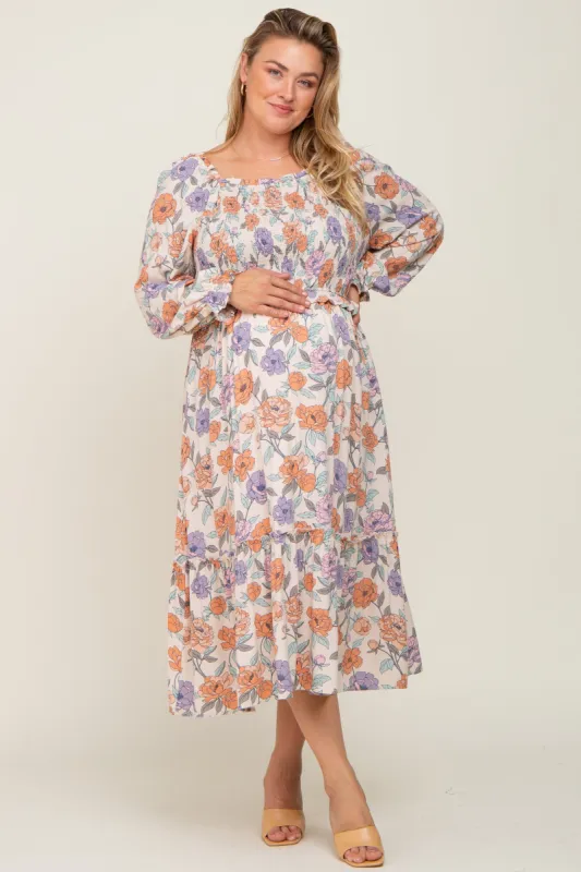 Taupe Multi-Color Floral Plus Maternity Midi Dress made by Pinkblush
