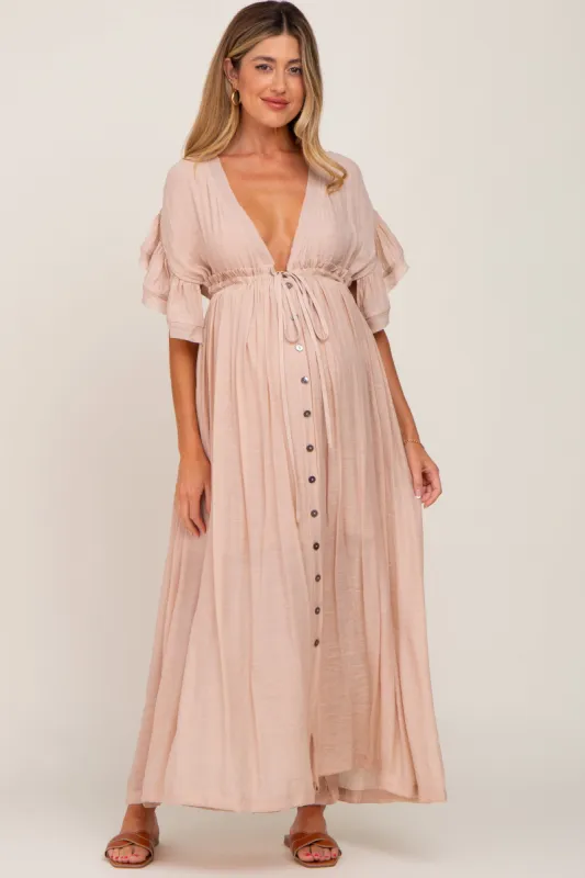 Light Pink Deep V-Neck Button Down Maternity Maxi Dress sold by Pinkblush