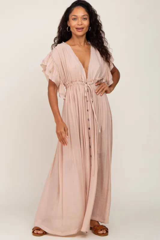 Light Pink Deep V-Neck Button Down Maxi Dress sold by Pinkblush
