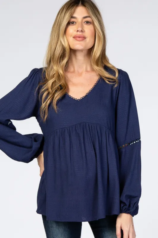 Navy Blue Textured Crochet Trim Maternity Blouse sold by Pinkblush