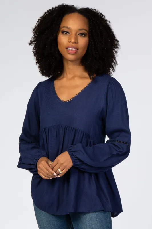 Navy Blue Textured Crochet Trim Blouse sold by Pinkblush