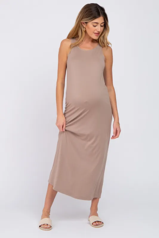 Taupe Solid Sleeveless Maternity Midi Dress sold by Pinkblush