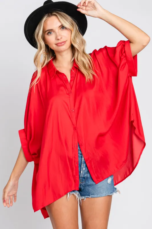 Red Oversized Button Down Blouse sold by Pinkblush