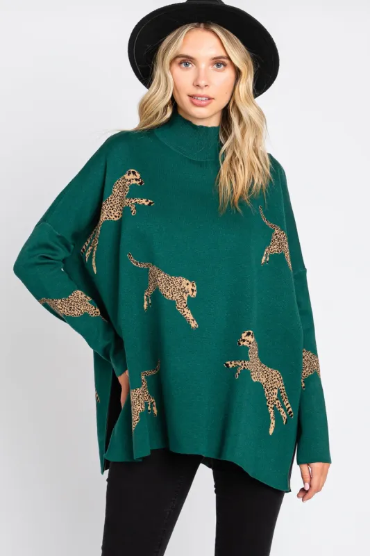 Forest Green Animal Print Side Slit Sweater sold by Pinkblush