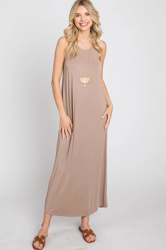 Taupe Solid Sleeveless Midi Dress sold by Pinkblush