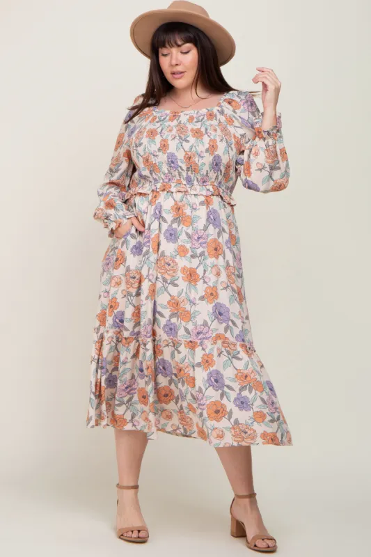 Taupe Multi-Color Floral Plus Midi Dress sold by Pinkblush