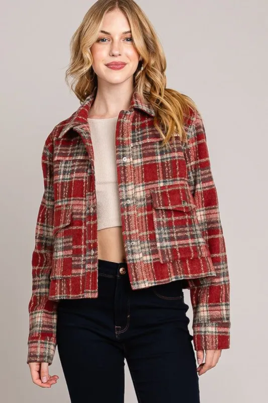 Red Plaid Brush Cropped Shacket sold by Pinkblush