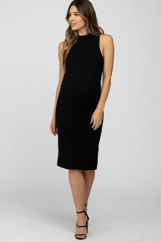 Black Ribbed Sleeveless Mock Neck Maternity Midi Dress sold by Pinkblush