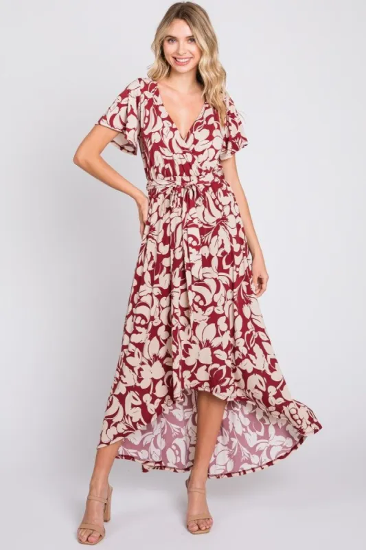 Burgundy Floral High-Low Wrap Dress sold by Pinkblush