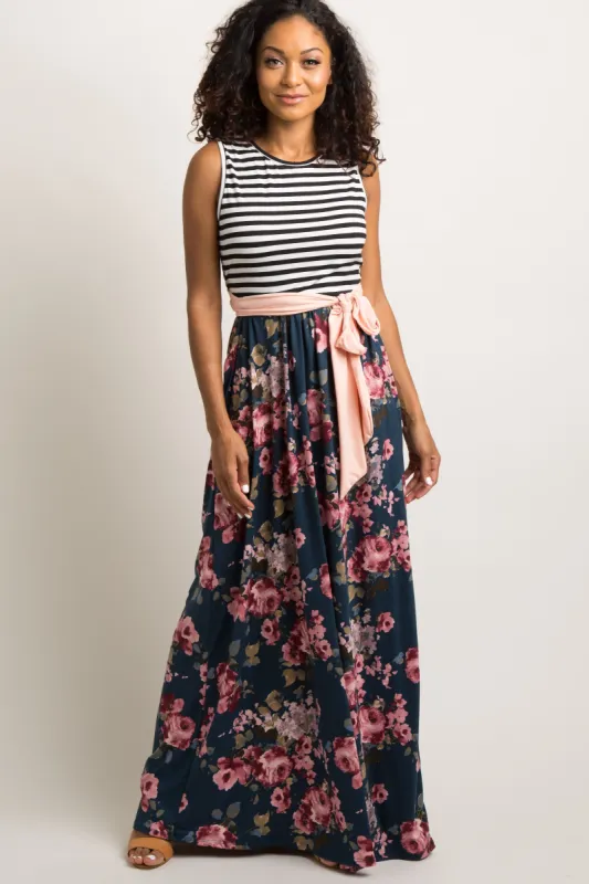 Teal Floral Striped Sash Tie Maxi Dress sold by Pinkblush