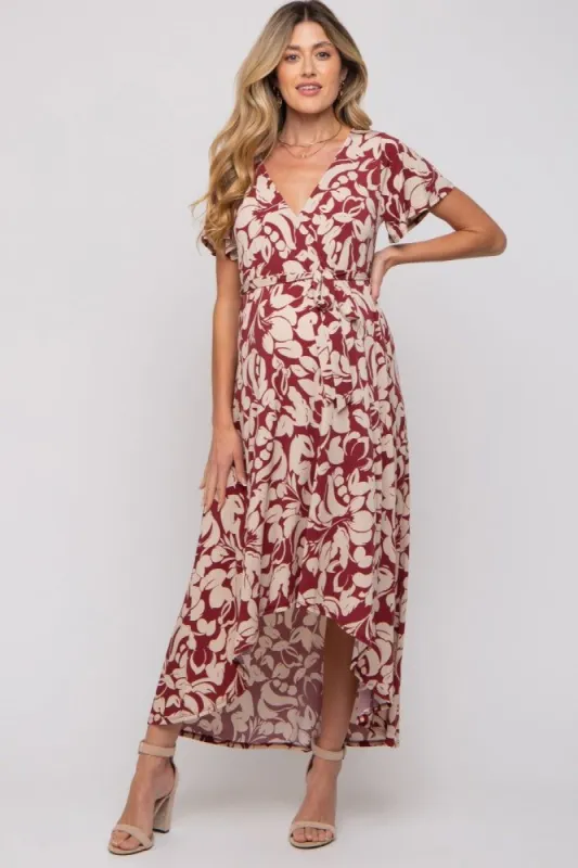Burgundy Floral High-Low Maternity Wrap Dress sold by Pinkblush