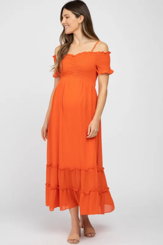 Orange Smocked Ruffle Off Shoulder Maternity Maxi Dress sold by Pinkblush