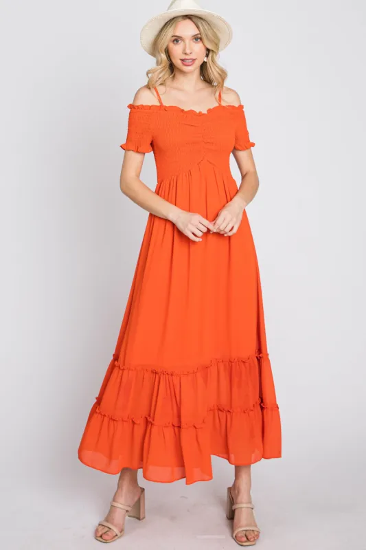 Orange Smocked Ruffle Off Shoulder Maxi Dress sold by Pinkblush