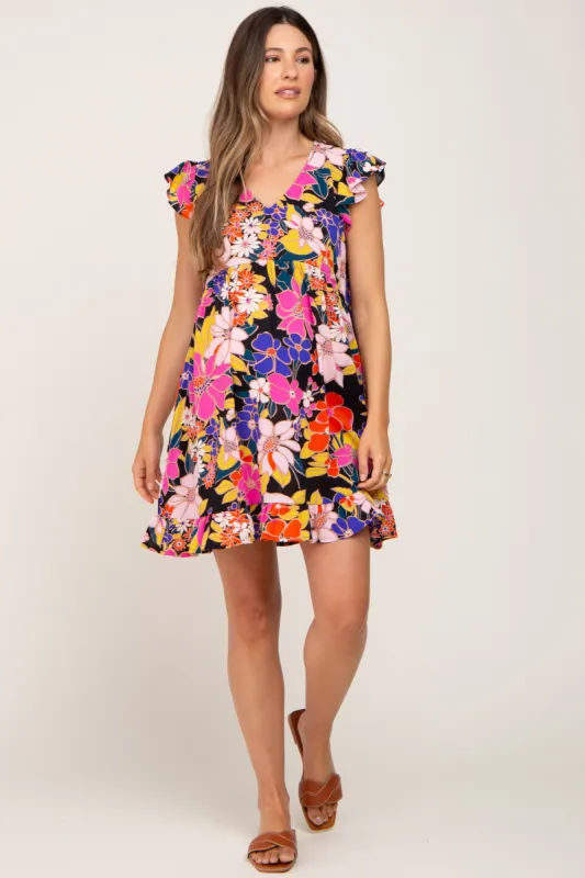 Black Multi-Color Floral Ruffle Maternity Dress sold by Pinkblush