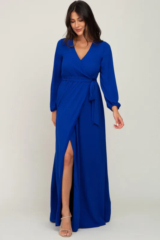 Royal Blue Wrap Front Chiffon Gown sold by Pinkblush