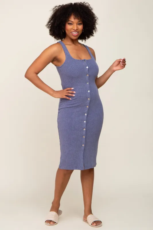 Navy Blue Ribbed Button Front Sleeveless Midi Dress sold by Pinkblush