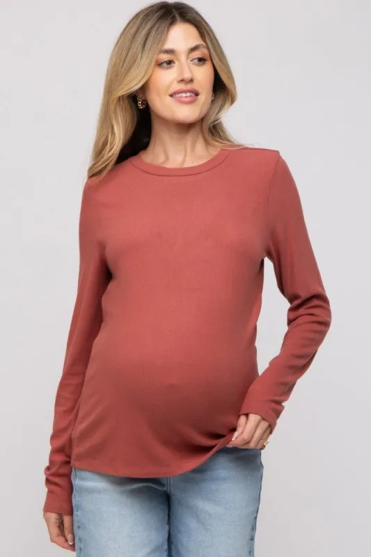 Rust Soft Knit Long Sleeve Maternity Top sold by Pinkblush