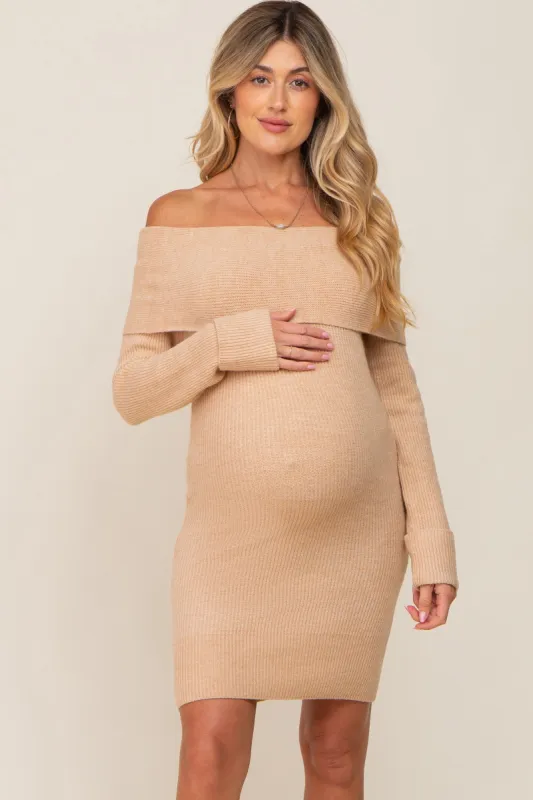 Beige Off-Shoulder Fold Over Maternity Sweater Dress sold by Pinkblush