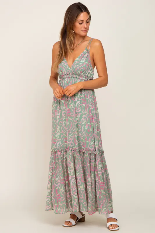 Light Olive Chiffon V-Neck Ruffle Tiered Maxi Dress sold by Pinkblush