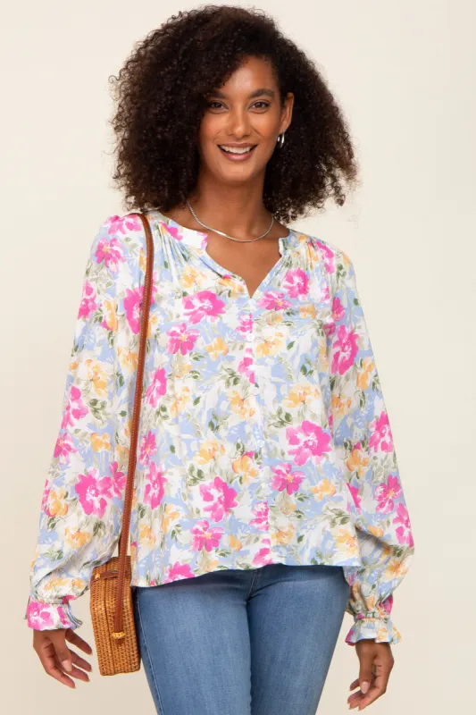 Blue Floral Button Front Long Sleeve Blouse sold by Pinkblush