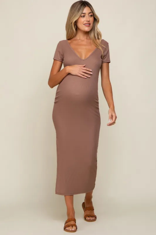 Mocha Basic Ribbed Side Slit Maternity Midi Dress sold by Pinkblush