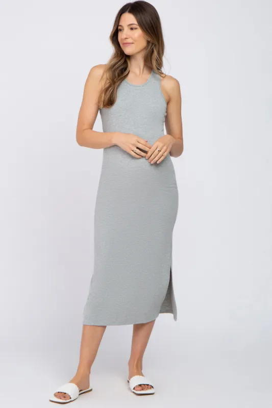 Heather Grey Ribbed Side Slit Maternity Midi Dress sold by Pinkblush