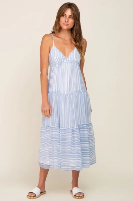 Blue Striped Chiffon Back Tie Tiered Midi Dress sold by Pinkblush