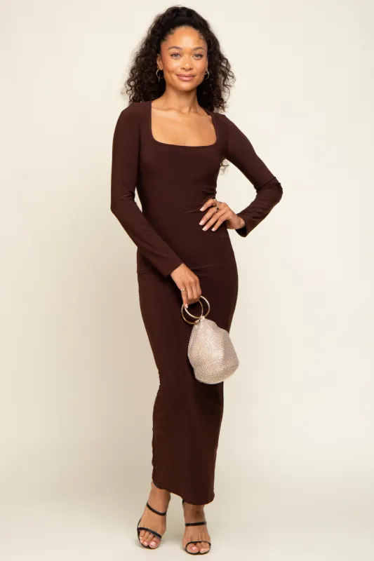 Brown Square Neck Fitted Long Sleeve Maxi Dress sold by Pinkblush