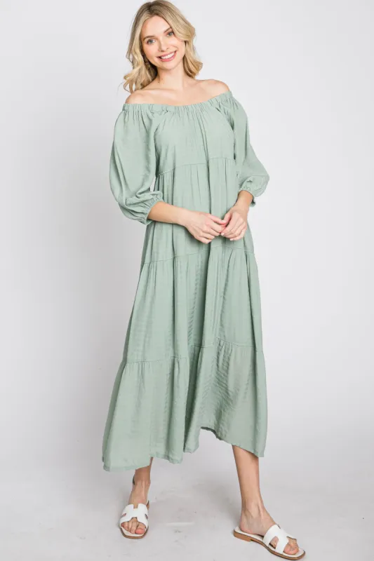 Light Olive Tiered Midi Dress sold by Pinkblush