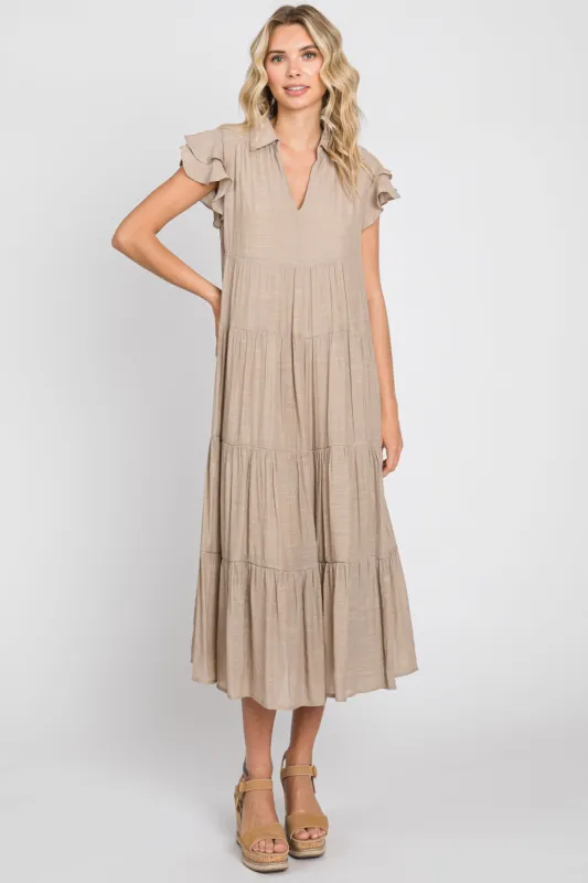 Taupe Flutter Sleeve Tiered Midi Dress sold by Pinkblush