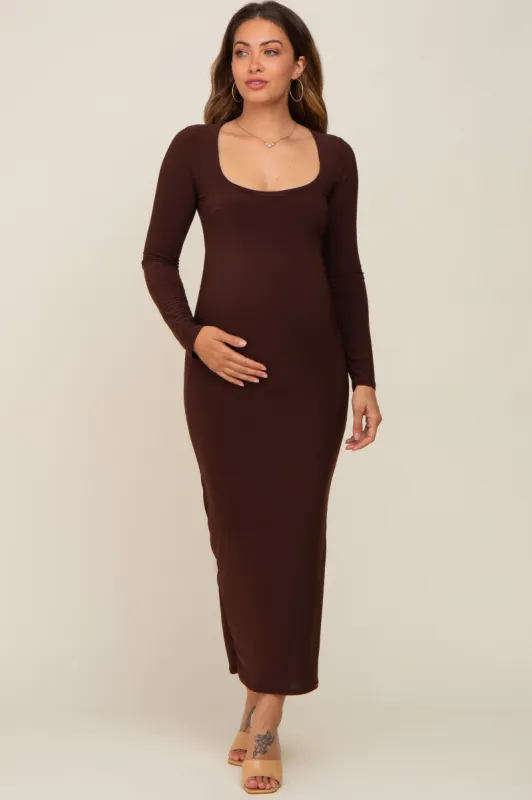 Brown Square Neck Fitted Long Sleeve Maternity Maxi Dress sold by Pinkblush