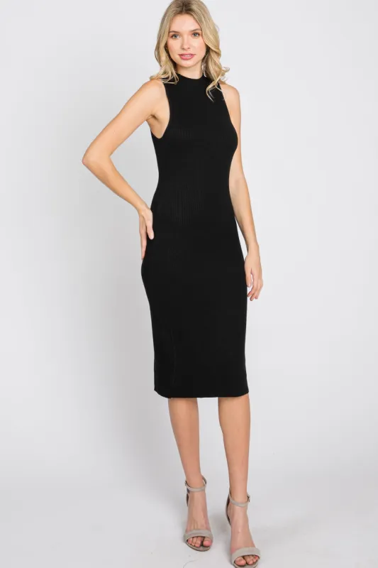 Black Ribbed Sleeveless Mock Neck Midi Dress sold by Pinkblush