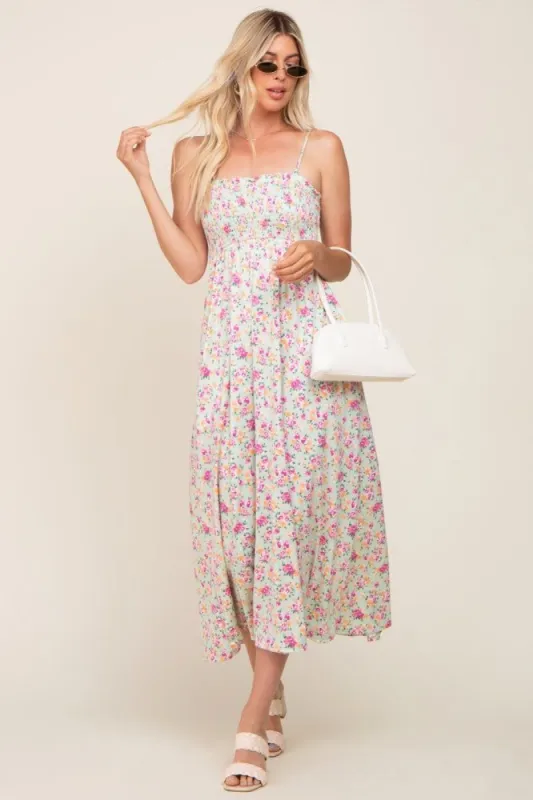 Light Olive Square Neck Smocked Midi Dress sold by Pinkblush