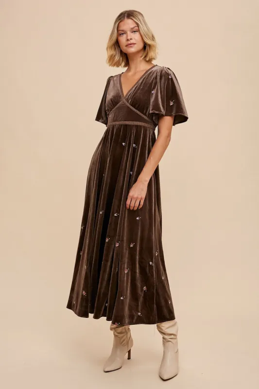 Pewter All Over Floral Embroidered Velvet Maxi Dress sold by Pinkblush