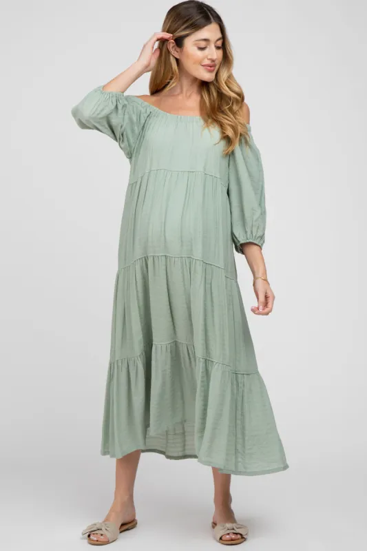 Light Olive Tiered Maternity Midi Dress sold by Pinkblush