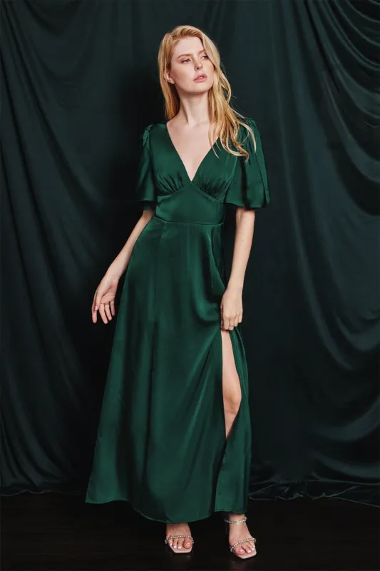 Hunter Green Satin Flutter Sleeve Plunging Maxi Dress sold by Pinkblush