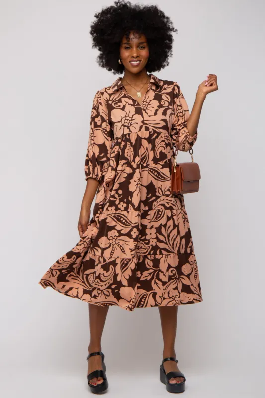 Brown Floral Collared Tiered Midi Dress sold by Pinkblush
