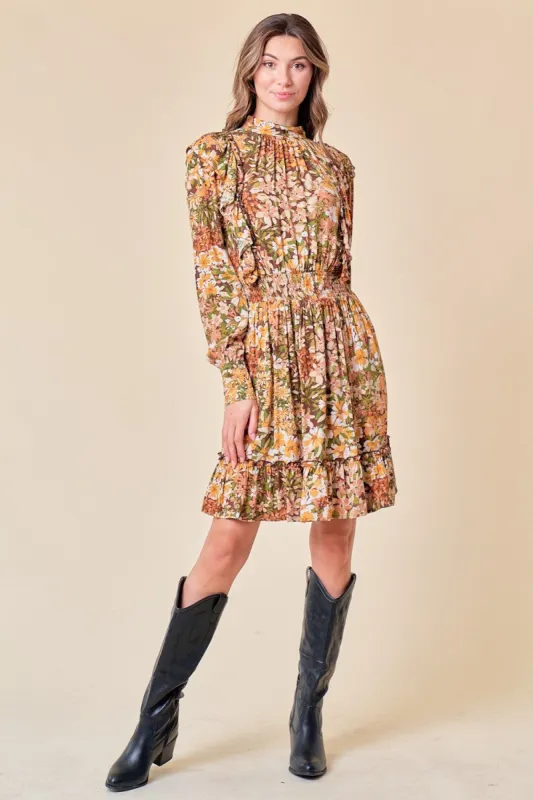 Mocha Ruffle Floral Dress sold by Pinkblush