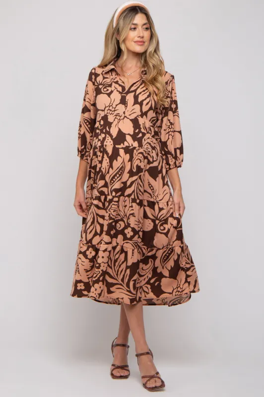 Brown Floral Collared Tiered Maternity Midi Dress sold by Pinkblush