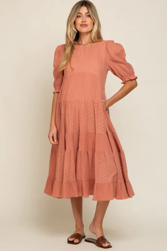 Salmon Eyelet Puff Sleeve Tiered Maternity Midi Dress sold by Pinkblush