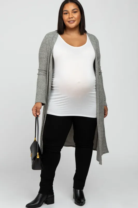 Beige Heathered Ribbed Side Slit Long Plus Maternity Cardigan sold by Pinkblush