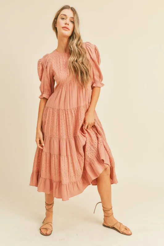 Salmon Eyelet Puff Sleeve Tiered Midi Dress sold by Pinkblush