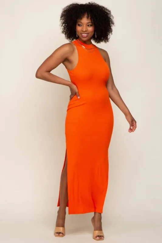 Orange Ribbed Side Slit Maxi Dress sold by Pinkblush
