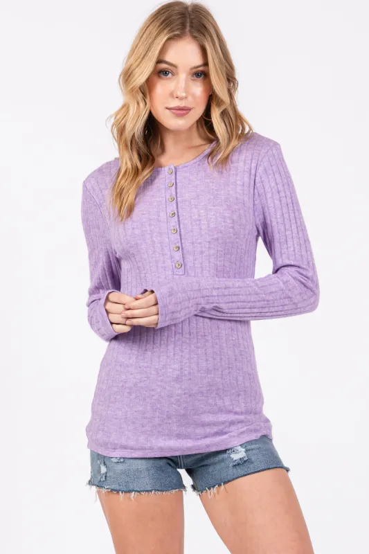 Lavender Ribbed Knit Button Long Sleeve Top sold by Pinkblush