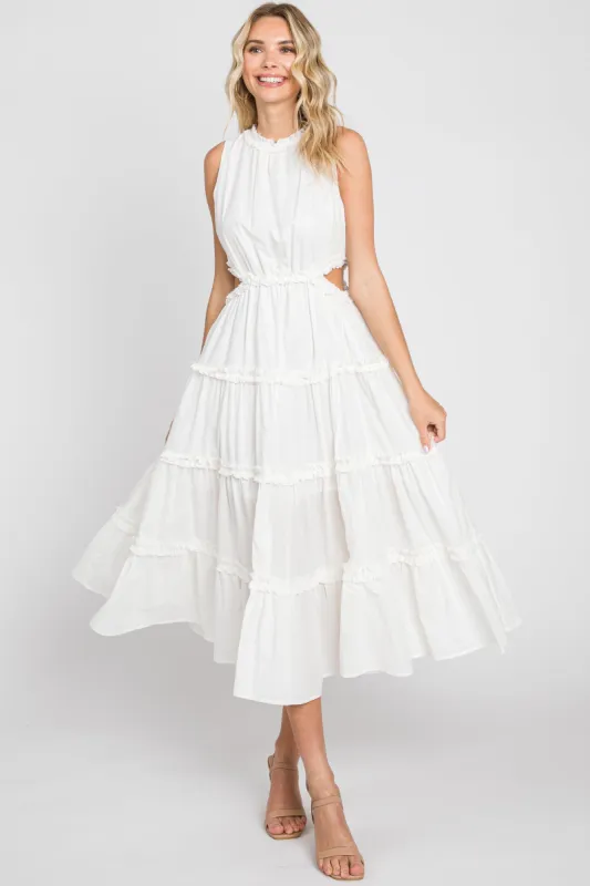 White Tiered Ruffle Cutout Midi Dress sold by Pinkblush