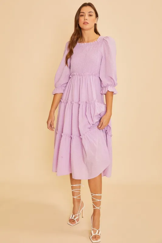 Lilac Textured Smocking Bodice Tired Midi Dress sold by Pinkblush