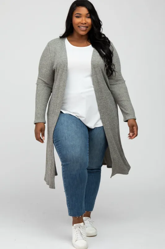 Beige Heathered Ribbed Side Slit Long Plus Cardigan sold by Pinkblush