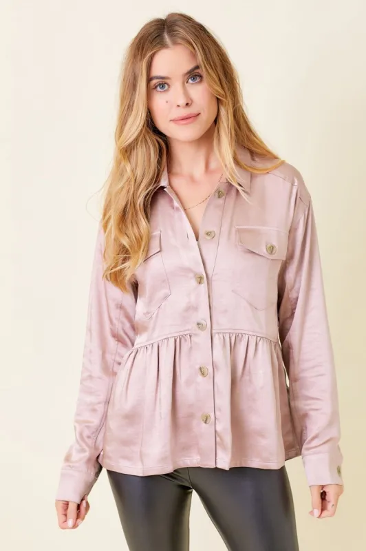 Rose Peplum Satin Shirt Jacket sold by Pinkblush