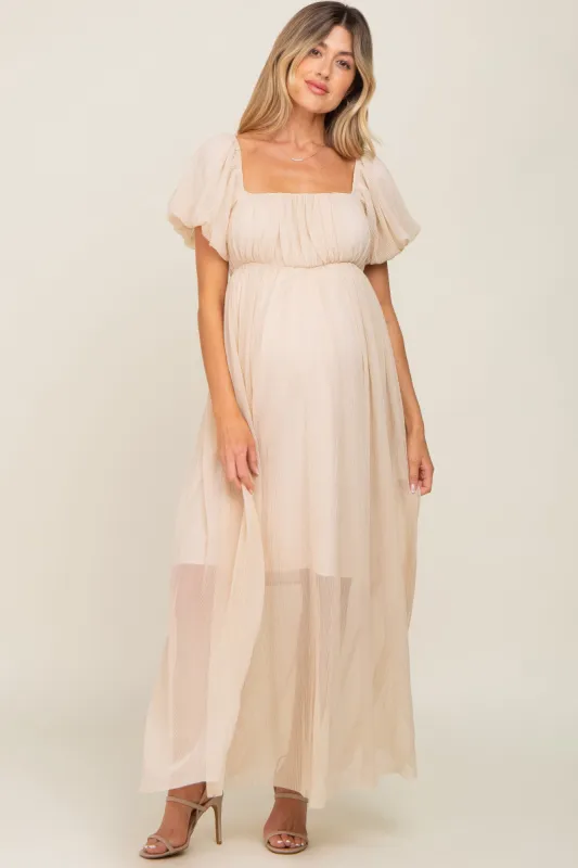 Beige Pleated Puff Sleeve Maternity Maxi Dress sold by Pinkblush